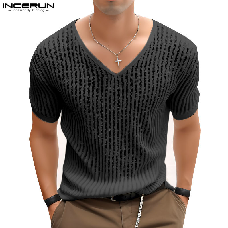 Incerun เสื้อยืดแขนสั้น คอวี ลายทาง สไตล์เกาหลี แฟชั่นสําหรับผู้ชาย