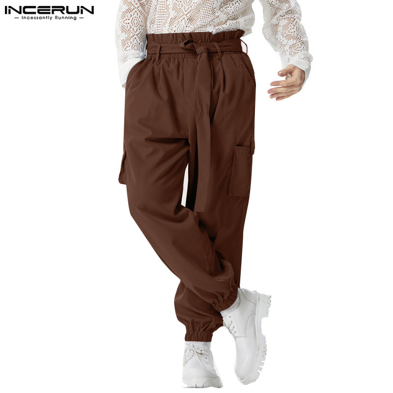 Incerun กางเกงขายาวลําลอง สีพื้น มีกระเป๋า สไตล์วินเทจ สําหรับผู้ชาย