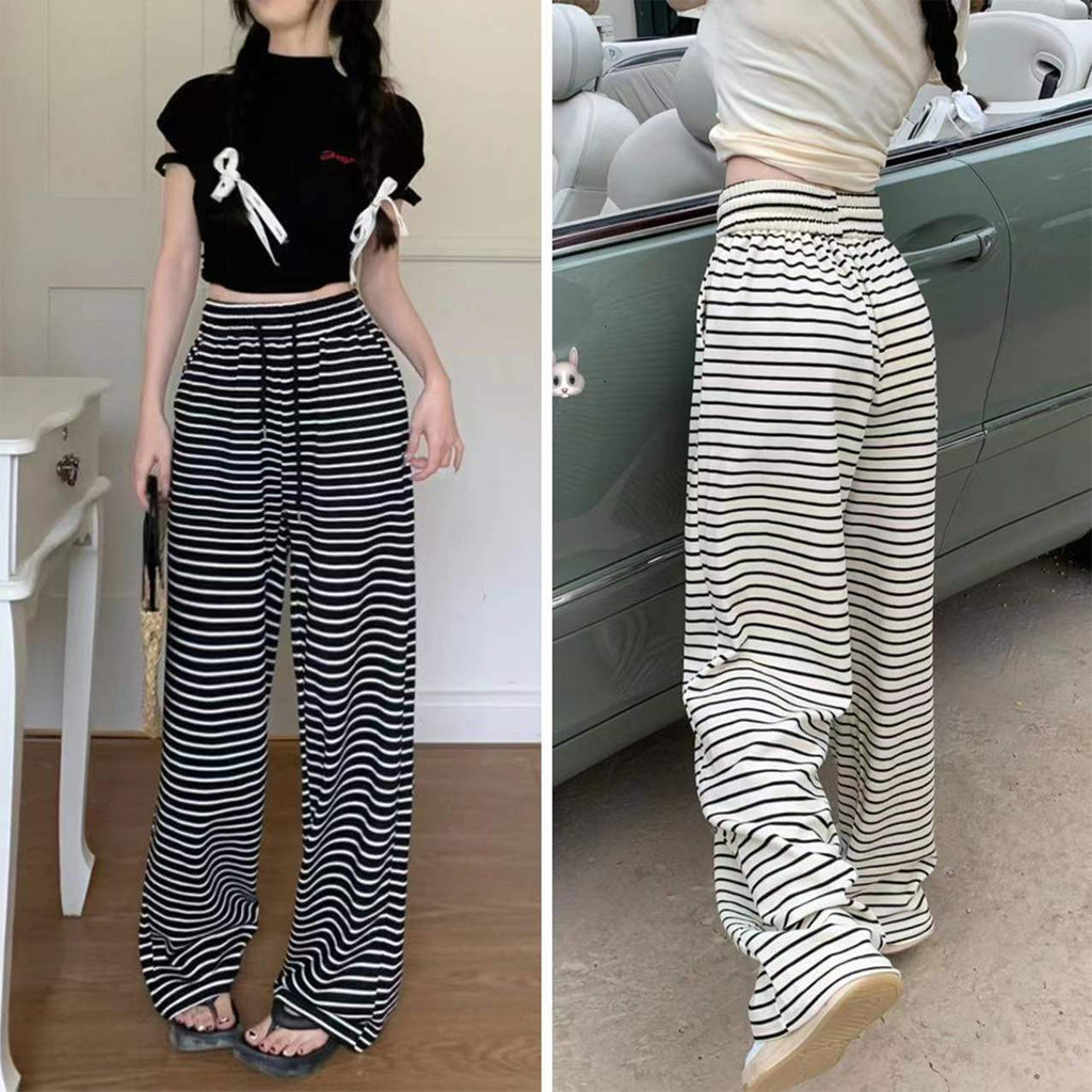 กางเกงแบบเกาหลีสไตล์นอนหยิก ลายลายขาวดำ ผ้านิ่มละมุน สไตล์เท่เพื่อความสะดวกสบายในการสวมใส่