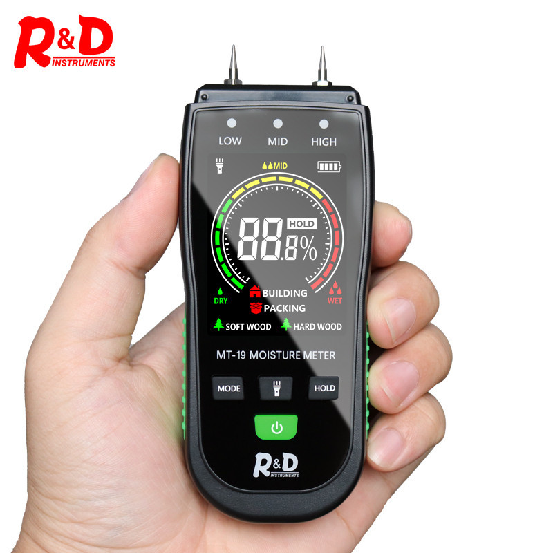 R&d MT19C เครื่องวัดความชื้นไม้เครื่องทดสอบน้ําผนังเครื่องวัดความชื้นแบบดิจิตอลสอง Pins วัดคว