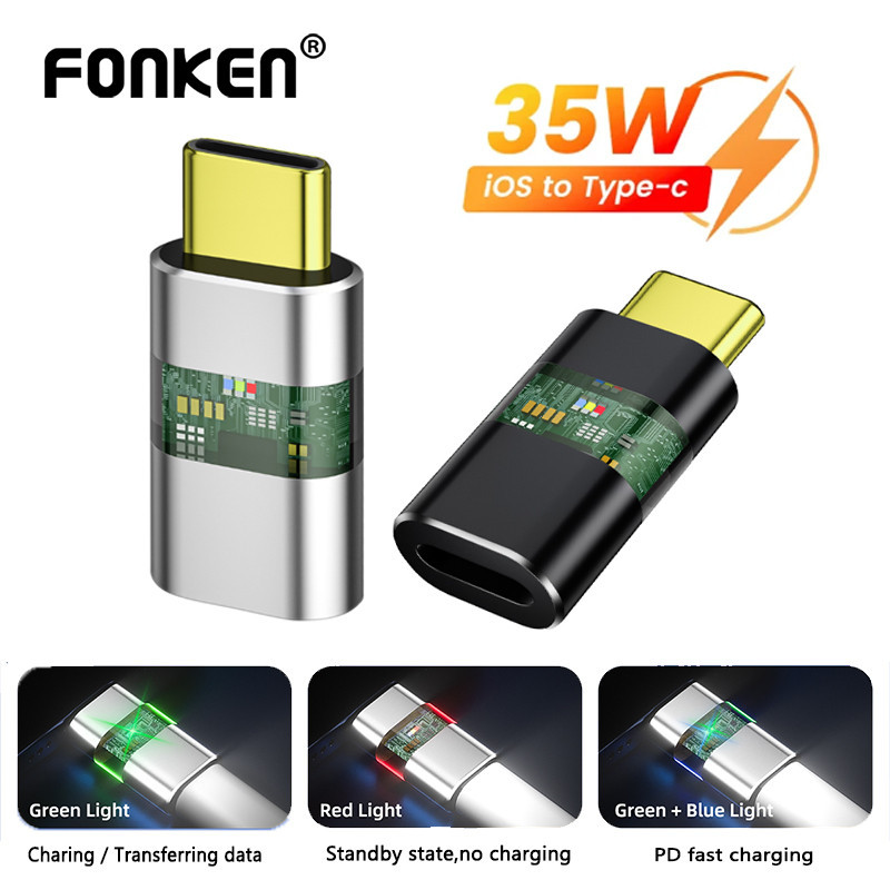Fonken PD35W iOS เป็น Type-C อะแดปเตอร์ สําหรับ iP15 Pad ตัวแปลงชาร์จเร็ว ไฟแสดงสถานะโปร่งใส USB C ต