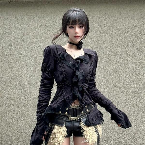 X-สีส้มฝรั่งเศสคอวีลูกไม้แขนยาวเก๋เสื้อจีบแขนบานแคบ-เอวด้านบนฤดูร้อนสไตล์ใหม่สบายๆเสื้อผ้าผู้หญิง