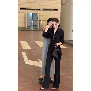 ชุดเสื้อเชิ้ตแขนยาวคอโปโลหรูหราสไตล์เกาหลีสำหรับผู้หญิง ฤดูใบไม้ร่วงใหม่ เรียบง่าย ใช้งานได้หลากหลาย สีดำ
