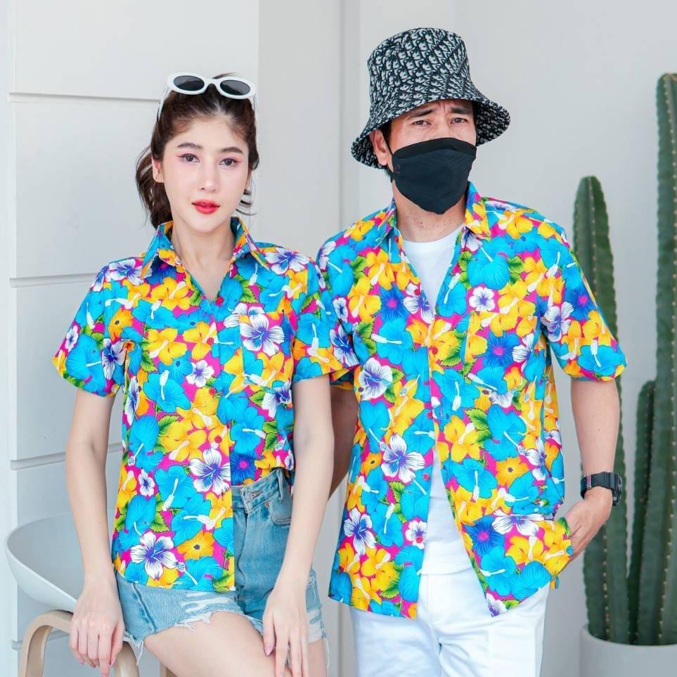 PINK016 เสื้อเชิ้ตลายดอก ผ้าคอตตอน100% สีไม่ตก ผ้าไม่หด ลายคมชัด มีไซส์หญิงชาย S-5XL งานป้ายKTIER*1ตัว*