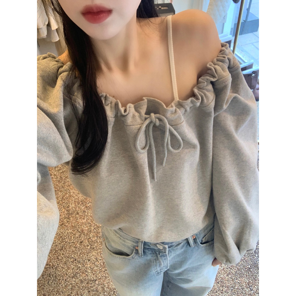 Retro One คอภาษาฝรั่งเศสคําฤดูใบไม้ผลิ Casual แฟชั่นรอบคอเสื้อแขนยาวผู้หญิง Top 250213