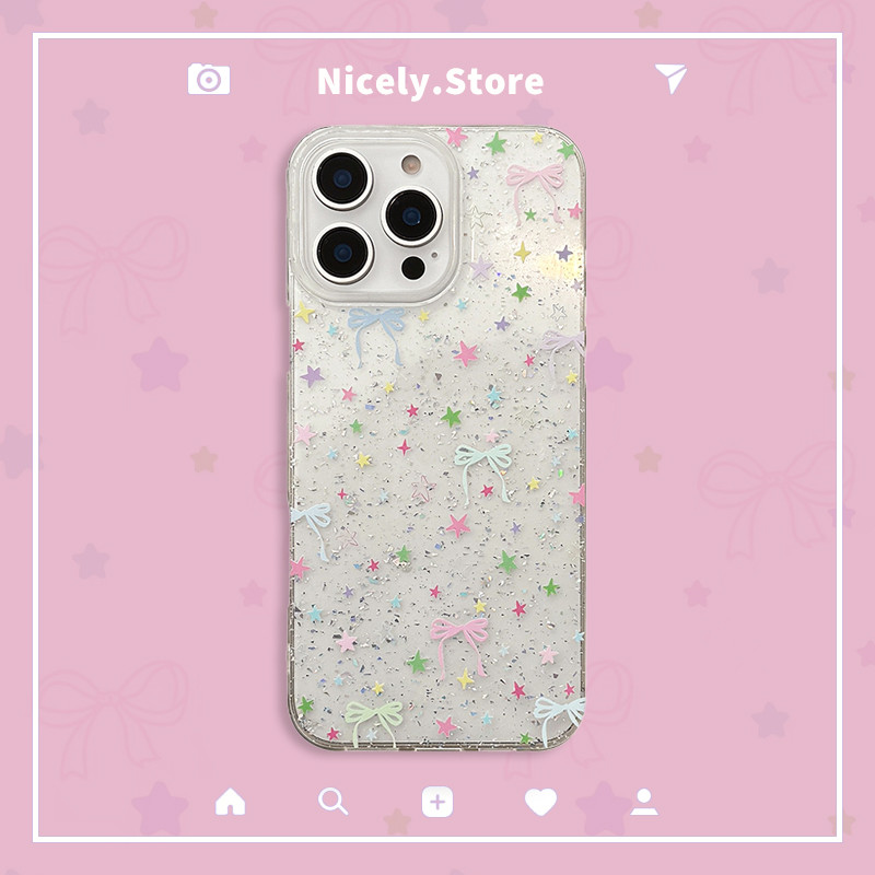 Shiny Star Bowknot Glitter Soft TPU เคสโทรศัพท์สําหรับ iPhone 16 15 14 Plus 13 12 11 Pro Max Xr Xs กันกระแทกมือถือฝาครอบ Shell