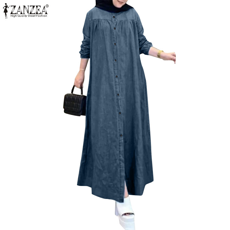 ZANZEA ใส่ ซานเซีย ผู้หญิงมุสลิมลําลองยืนปกข้อเท้าความยาวชุดเดรสสายเดี่ยวกระดุมแ