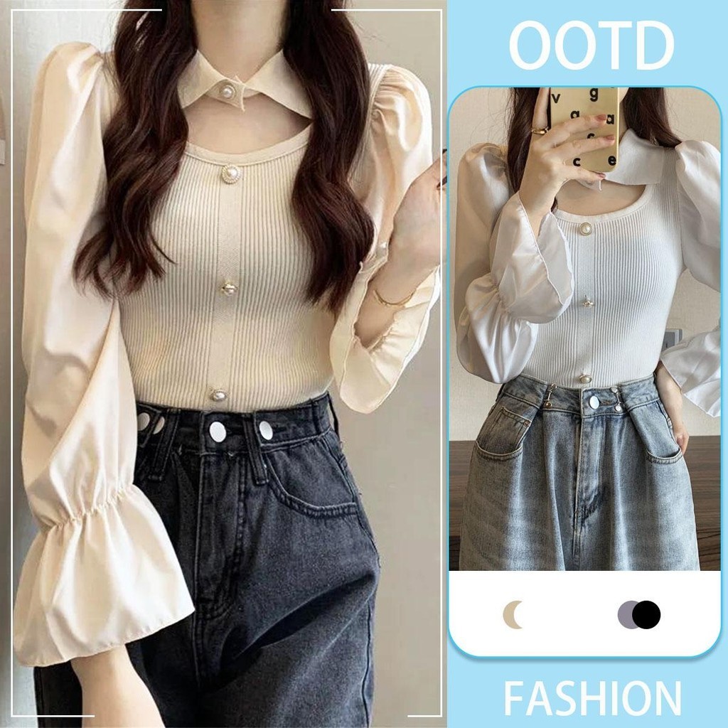 mimi&didi.เสื้อเชิ้ตแขนยาวไหมพรมสวย เสื้อแฟชั่นผู้หญิง คอโปโล เชือกแขวนคอกลวง แขนกระดิ่งสุดชิค สไตล์เกาหลี#7213