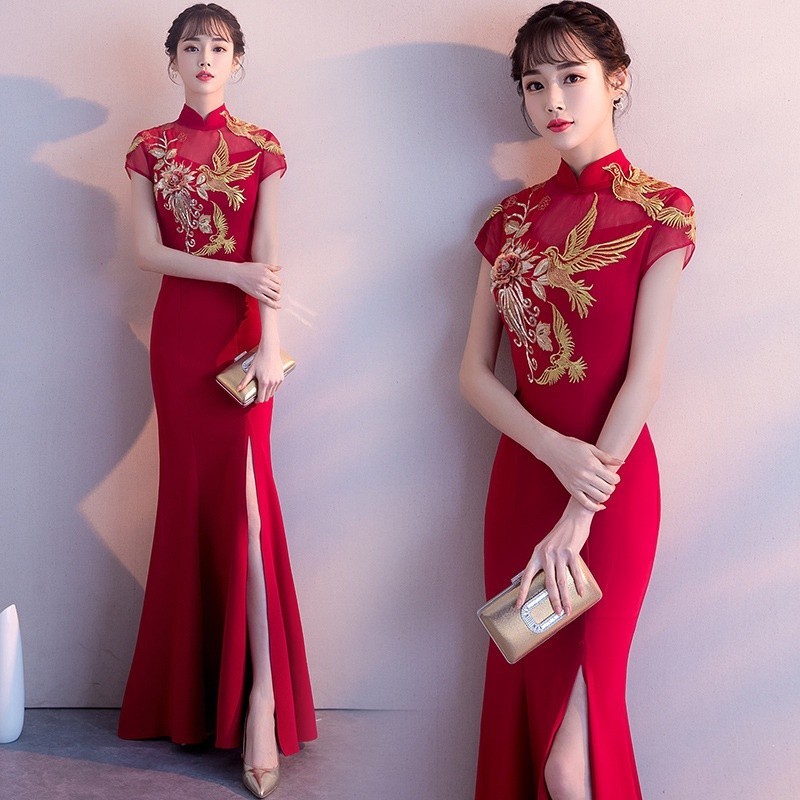 ชุดขนมปังปิ้ง กี่เพ้า จีนเจ้าสาวแต่งงานสีแดงหางปลาชุดราตรีชุดสตรีชุดราตรี มซ418
