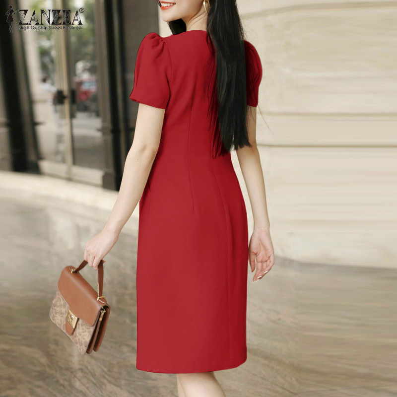 ZANZEA ซานเซีย ผู้หญิงแฟชั่นเกาหลีสีทึบพัฟแขนคอวีมินิเดรส ราคา ถูกที่สุด ดีลบีเคเค แกลเลอรีภาพที่ 6