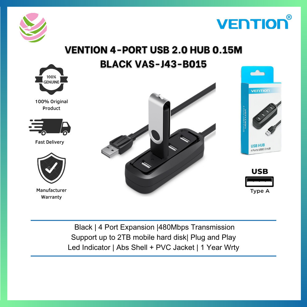 VENTION 4-PORT USB 2.0 HUB 0.15M สีดํา VAS-J43-B015