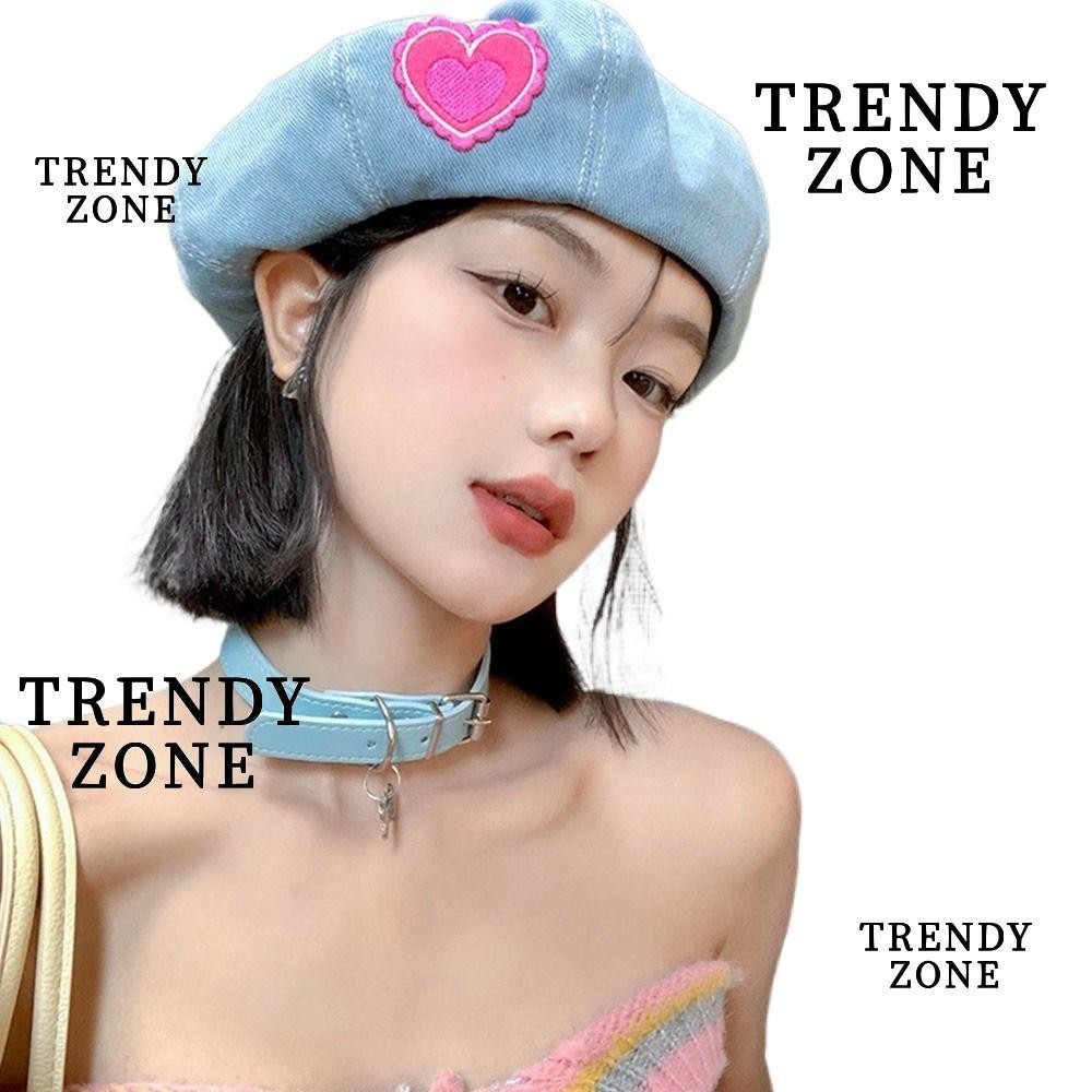 Trendyzone หมวกเบเร่ต์ผ้ายีน หมวกเบเร่ต์ ระบายอากาศ สีชมพู หมวกจิตรกร ย้อนยุค รักเชอร์รี่ ลําลอง กันแดด หมวกปานามา ผู้หญิง