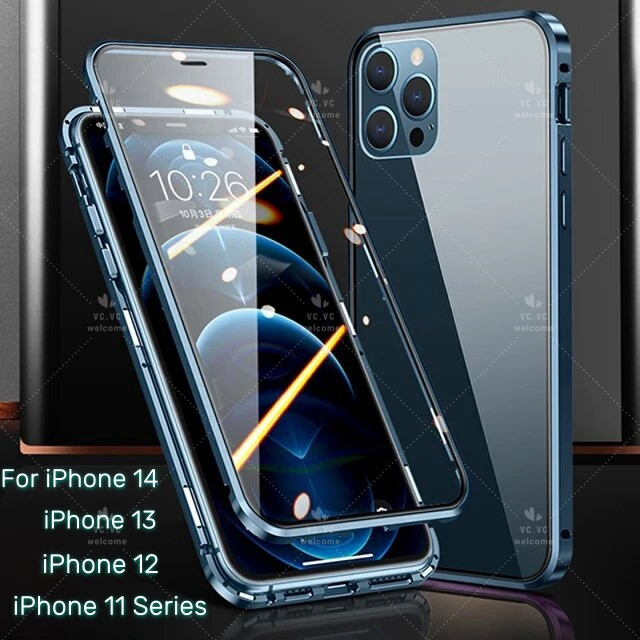 เคสโทรศัพท์มือถือกระจกนิรภัยแข็ง แบบฝาพับแม่เหล็ก สองด้าน ป้องกัน 360 องศา สําหรับ iPhone 14 13 12 1