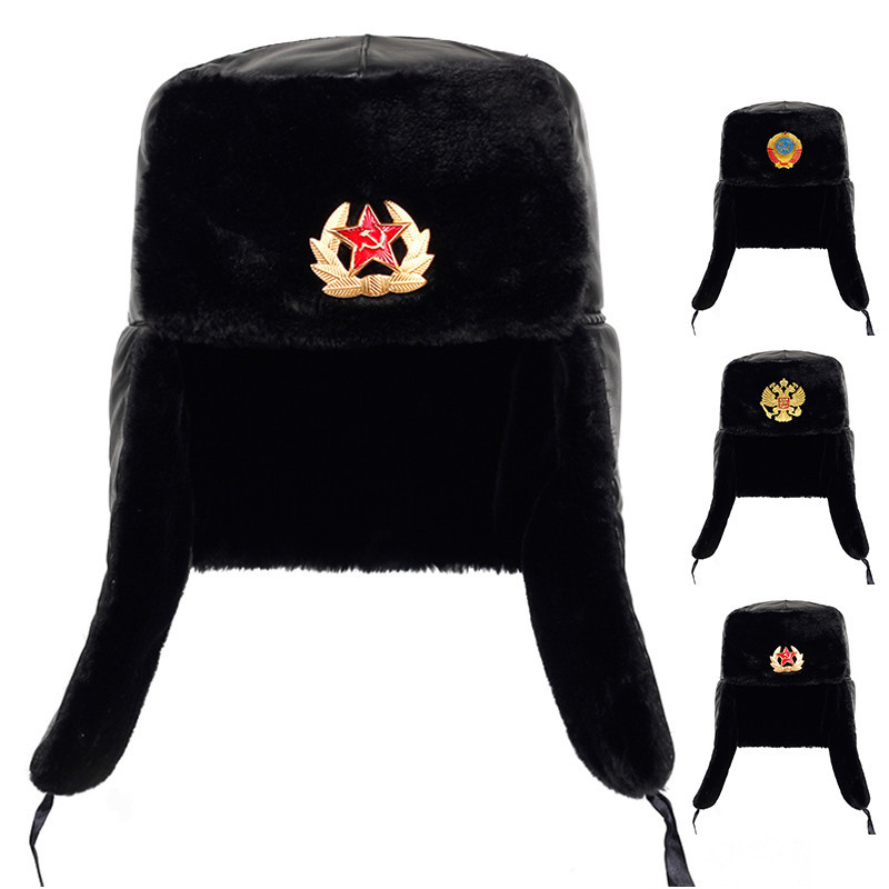 กองทัพโซเวียตทหารป้ายรัสเซีย Ushanka Bomber หมวกนักบิน Trapper trooter หมวกฤดูหนาว Faux กระต่ายขนสัตว์ Earflap ผู้ชายหิมะหมวก