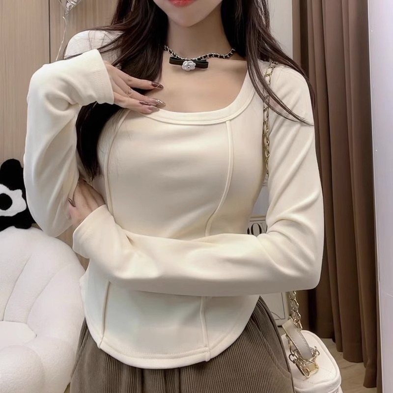 เสื้อยืดแขนยาว คอสี่เหลี่ยม แบบยืดหยุ่น สีพื้น สไตล์เกาหลี สําหรับผู้หญิง
