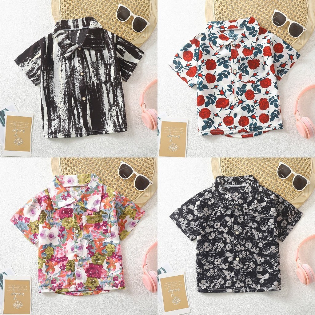 เสื้อเด็กขนาด90-160ชายหญิงปกเสื้อฤดูร้อนแขนสั้นเกาหลีลายดอกไม้ด้านบน QLR6