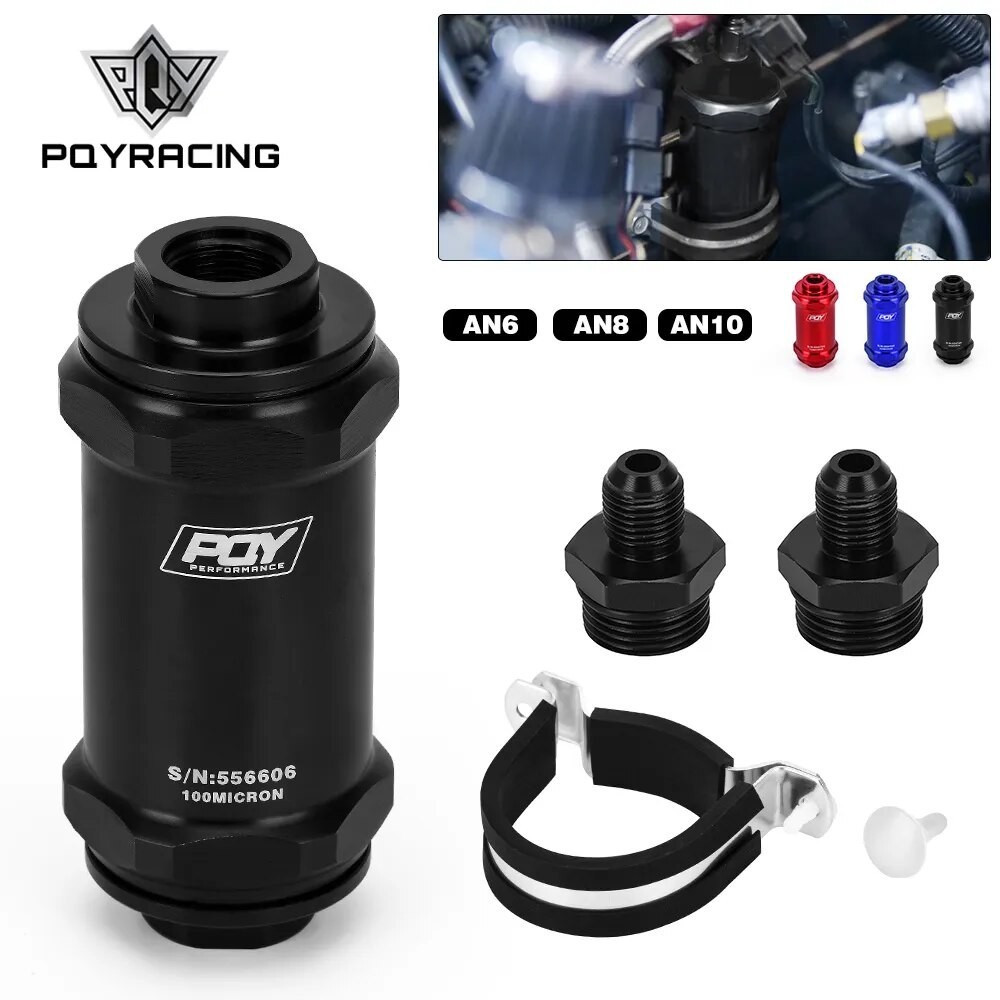 PQY BLACK AN6 / AN8 / AN10 Inline Fuel Filter E85 Ethanol With 100 Micron Stainless steel element an