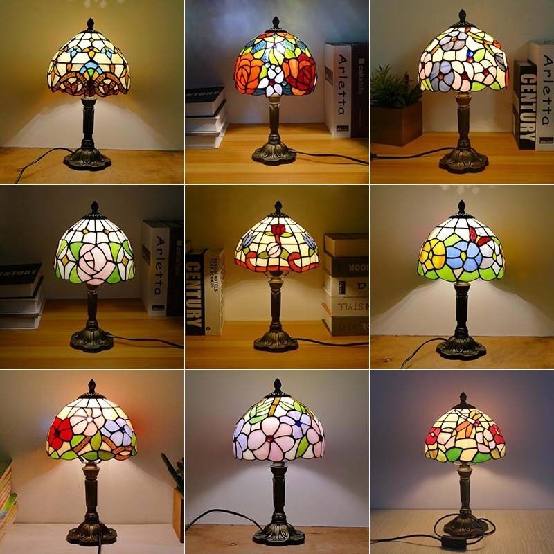 เมดิเตอร์เรเนียนโคมไฟตั้งโต๊ะแก้ว 20 ซม.Tiffany Stained Glass ตาราง LED Retro Romatic หน้าแรกโคมไฟ E27 LED Light Source