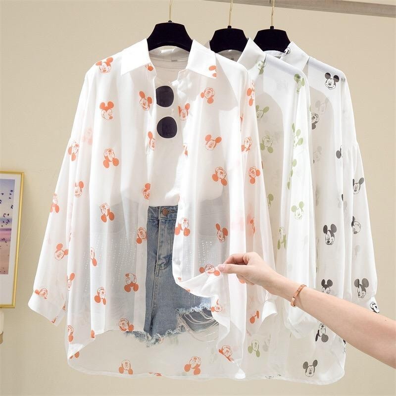 เสื้อโค้ทยาวปานกลาง ผ้าชีฟอง พิมพ์ลาย กันแดด ทรงหลวม สไตล์เกาหลี แฟชั่นฤดูร้อน สําหรับผู้หญิง
