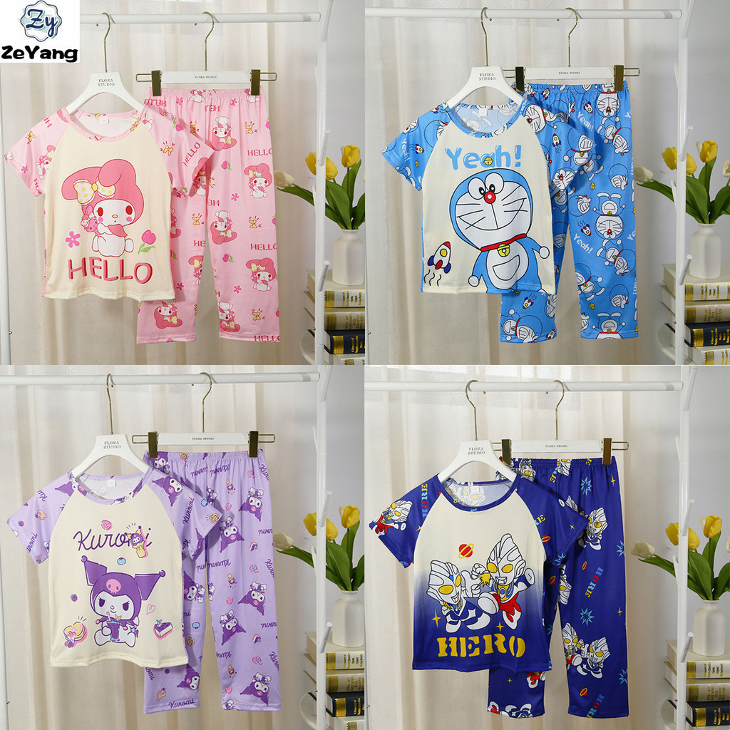 [ZY] พร้อมส่ง 95-155 ซม. ชุดนอนแขนสั้น กางเกงขาสั้น ลายการ์ตูนอนิเมะ สองชิ้น สําหรับเด็ก