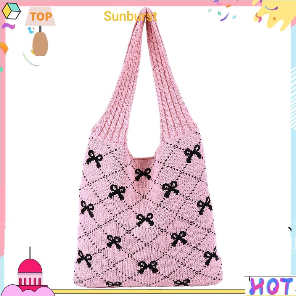 [Sunburst11.th] กระเป๋าถือ กระเป๋าช้อปปิ้ง ถักโครเชต์ พิมพ์ลายโบว์ สําหรับผู้หญิง [Sunburst11.th]
