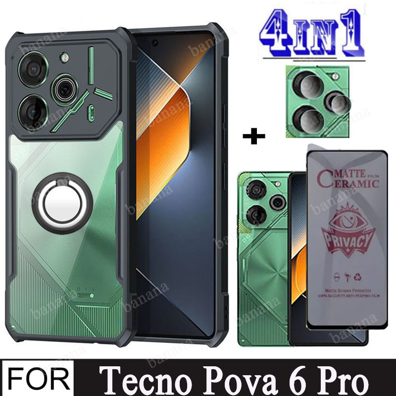 Tecno Pova 6 Pro 5G เคสโทรศัพท์ กันกระแทก สําหรับ Tecno Pova 6 Neo 3 2 4 Pro Spark 10C 10 Pro 4 in 1 เซรามิค ป้องกันหน้าจอ และที่วางโทรศัพท์มือถือ