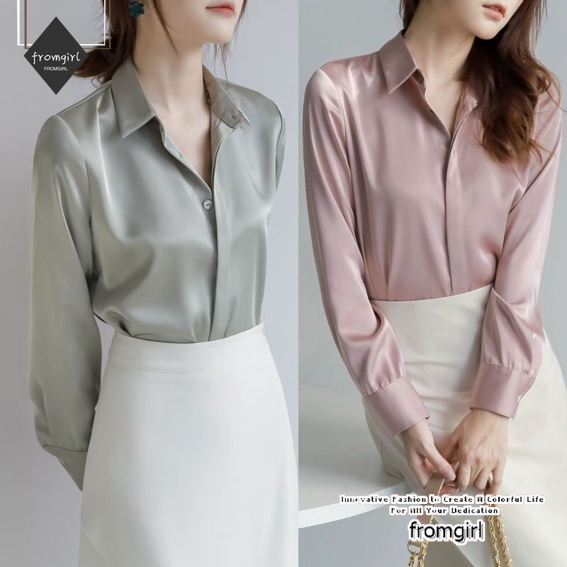 เสื้อเชิ้ตแขนยาว ผ้าซาติน แบบเรียบง่าย แฟชั่นฤดูร้อน สําหรับผู้หญิง