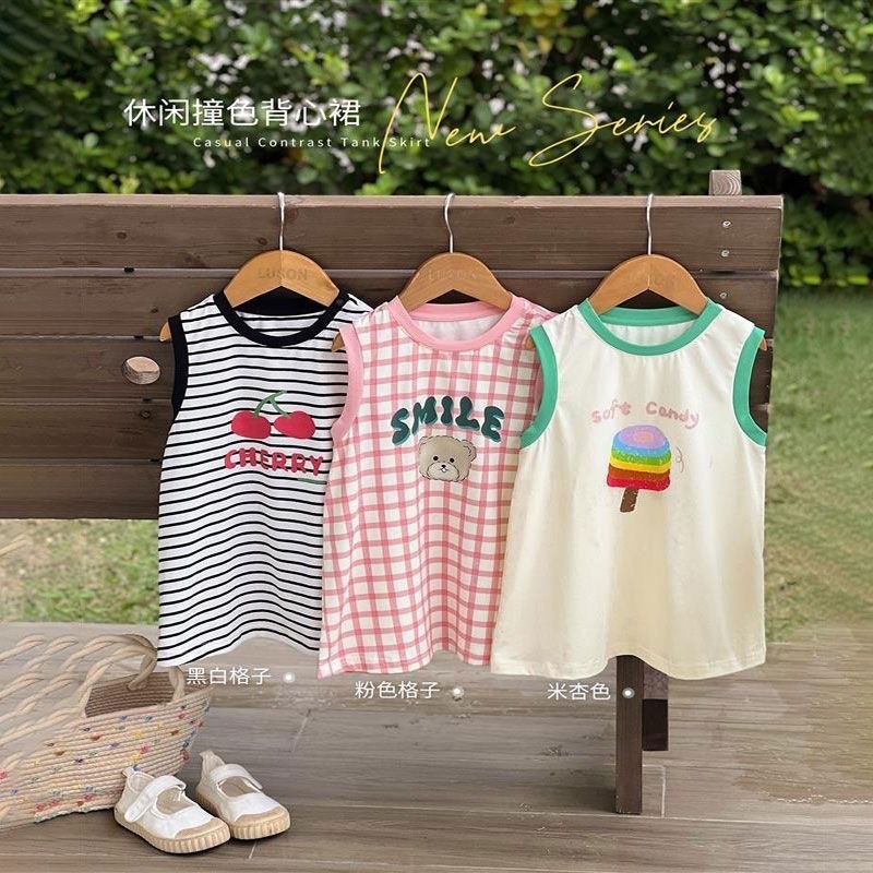 90-140ใหม่ ชุดเดรสเสื้อยืดแขนกุด ลายทาง ขนาดเล็ก แฟชั่นฤดูร้อน สําหรับเด็ก1ขวบ-6ขวบ