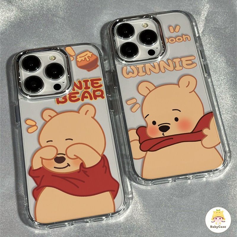 หรูหราชุบเลนส์โลหะการ์ตูนหมีวินนี่น่ารักกรณีเข้ากันได้สำหรับ IPhone 11 15 13 12 14 Pro Max 7Plus XR 8Plus X XS Max