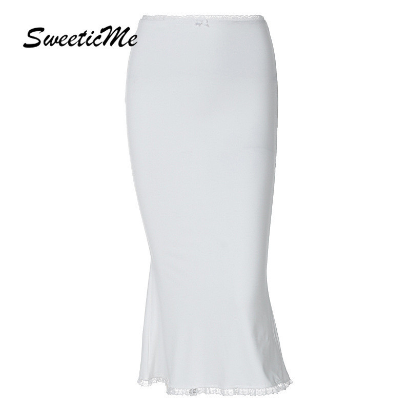 Sweeticme กระโปรงยาวลําลอง แต่งลูกไม้ สีพื้น เซ็กซี่ แฟชั่นสําหรับสตรี 2024