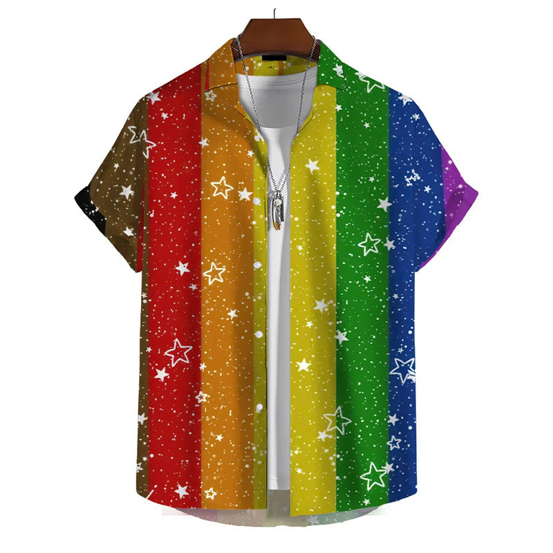 เสื้อเชิ้ตแขนสั้น คอปก พิมพ์ลาย Songkran สีรุ้ง สไตล์ฮิปฮอป เหมาะกับฤดูร้อน แนวสตรีท สําหรับผู้ชาย