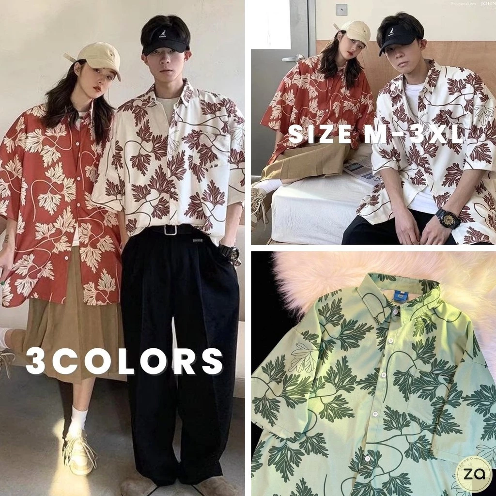 เสื้อเชิ้ตแขนสั้นลายดอกใบไม้แฉก มีกระเป๋าหน้า