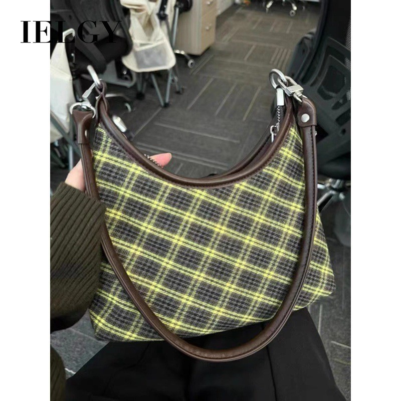IELGY สุภาพสตรี Retro ลายสก๊อตรักแร้ Order กระเป๋าสะพาย Texture Commuter กระเป๋าแฟชั่น All-Match Messenger