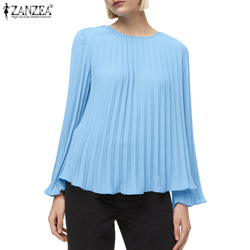 Zanzea เสื้อเบลาส์ลําลองแขนยาวคอกลมวินเทจสําหรับผู้หญิง