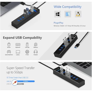 พอร์ต USB HUB 7in1 USB SuperSpeed ​​5Gbps Splitter สายยาว 1.2 ม. พร้อมไฟ LED สําหรับแล็ปท็อปพีซี