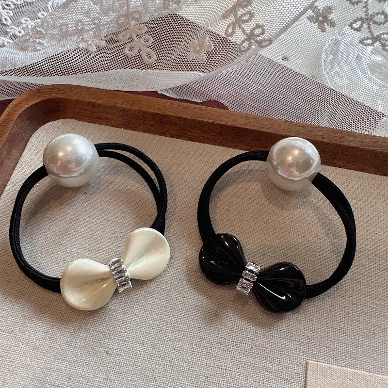 Classy Simple Pearl Bow Rhinestone แหวนผมเชือกผมแฟลชเพชรหวานหัวเชือกยืดหยุ่นสูงยางรัดเครื่องประดับ Headdress