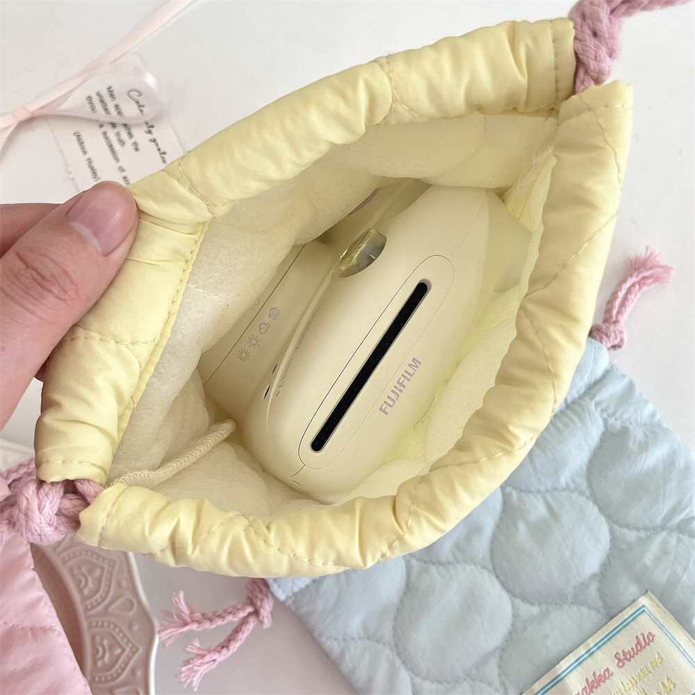 Quilted Cotton Heart Drawstring Camera Bag Simple Striped Polaroid Storage Bag Fashion Portable Shock-resistant Black Card Camera Protective Case Multi-Purpose Outdoor Drawstring Pocket Storage Bag