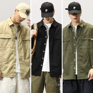 MNO.9 Shirt616 เสื้อเชิ้ตผู้ชาย คอปก เสื้อคลุมแขนสั้น มีกระเป๋าหน้า ปักป้ายกระเป๋าและข้างลำตัว ลำลอง วินเทจ Man Clothing