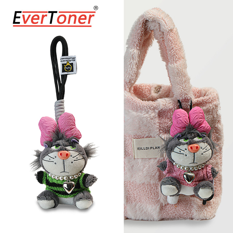 Evertoner Girls Cute Blue Dress Bow Lucifer Cat Plush Doll Key Chain จี้ห้อยกระเป๋า