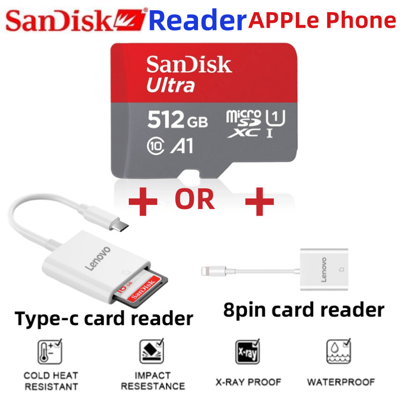 (24h-in Stock) เครื่องอ่านการ์ดรีดเดอร์ Lenovo OTGAPPle 512GB SD Card Micro Memory Card 100MB/S Uitr