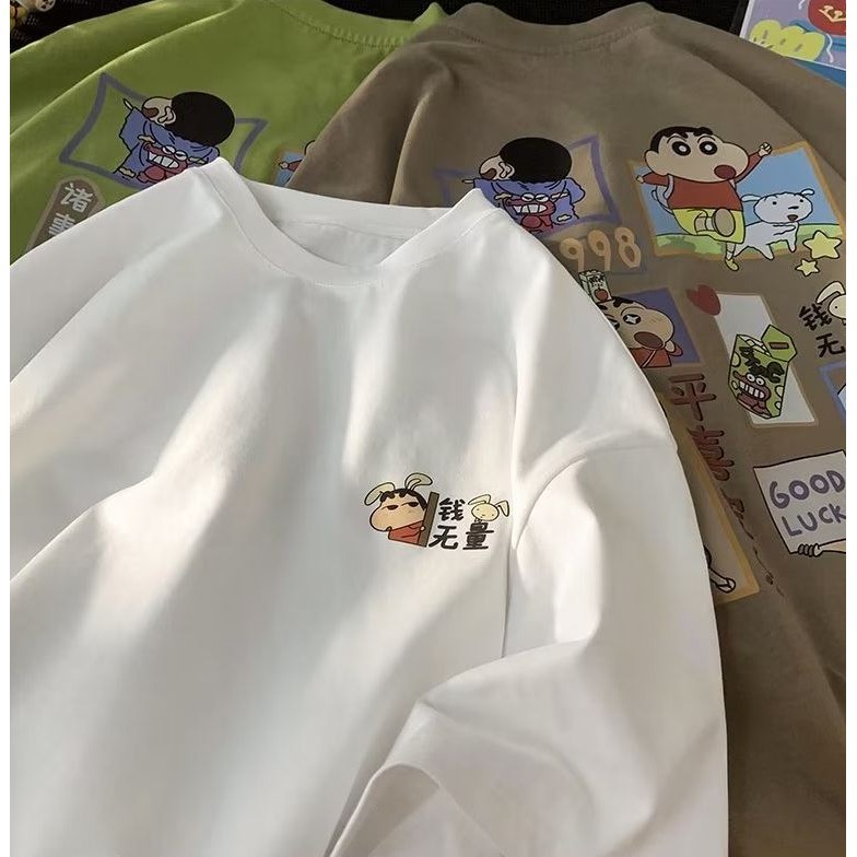 M-8XL ผู้ชายขนาดใหญ่เสื้อยืดเกาหลีหลวมแนวโน้มใหม่Vintage Crayon Xiaoxoin Blessings พิมพ์รอบคอผ้าฝ้ายนุ่มสบายชุดคู่อเนกประสงค์ - รูปที่ 6