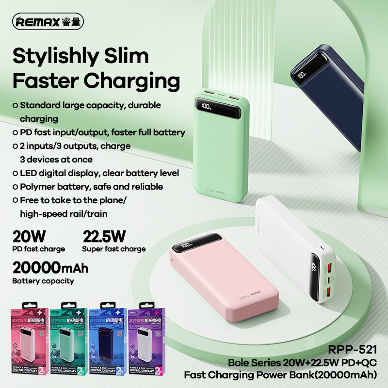 Remax RPP-520 10000MAH / RPP-521 20000MAH / RPP-522 30000 mAh แบตเตอรี่สำรอง Power Bank PD22.5W พาวเวอร์แบงค์ชาร์จเร็ว