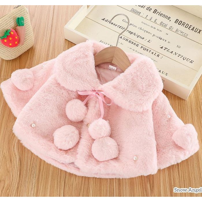 Grao-เด็กสาวฤดูหนาวเสื้อผ้าสีทึบกว้างยาว Batwing Sleeve Fur Coat Pearl ตกแต่งเสื้อคลุม