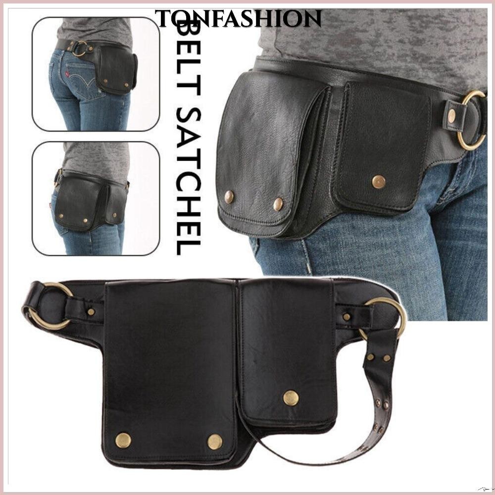 Tonfashion กระเป๋าคาดเอว, กระเป๋าสะพายเข็มขัดหนัง ปรับได้, พร้อมกระดุม หลายช่อง อเนกประสงค์ การแสดงบนเวที