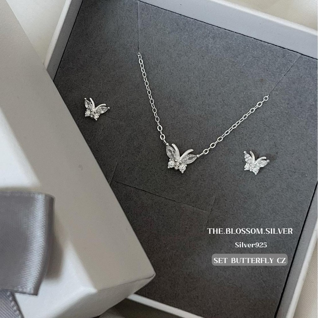 Set butterfly cz | เซ็ทต่างหู สร้อยคอ ผีเสื้อพลอย สีขาว เงินแท้925 พร้อมกล่อง