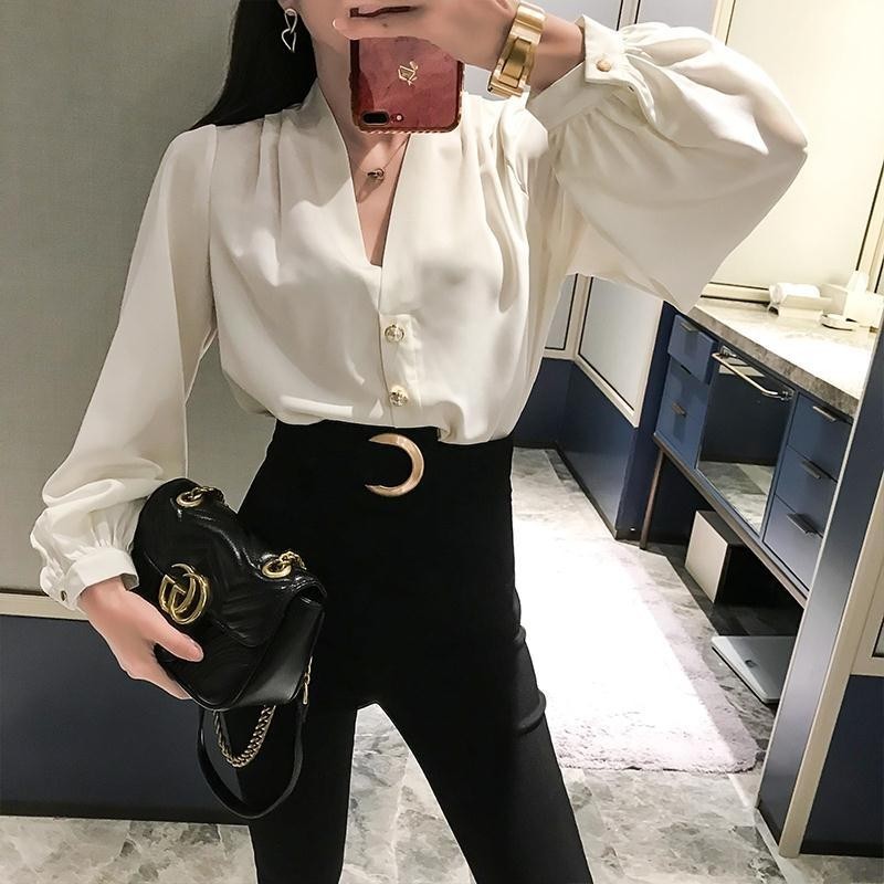 เสื้อเชิ้ตแขนยาว คอวี แฟชั่นฤดูใบไม้ร่วง และฤดูหนาว สไตล์ฮ่องกงเรโทร สําหรับผู้หญิง 2023