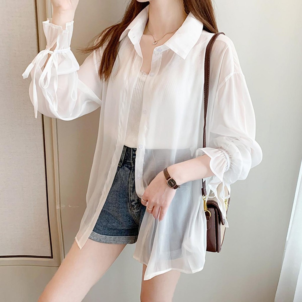 👚Anna👚W290❤️ เสื้อเชิ้ตแขนยาวสีพื้น เชิ้ตชีฟองทรง สีพาสเทลๆผ้าบางๆเหมาะใส่หน้าร้อนไปเที่ยวทะเล แขนฟองสบู่ ผู้หญิง