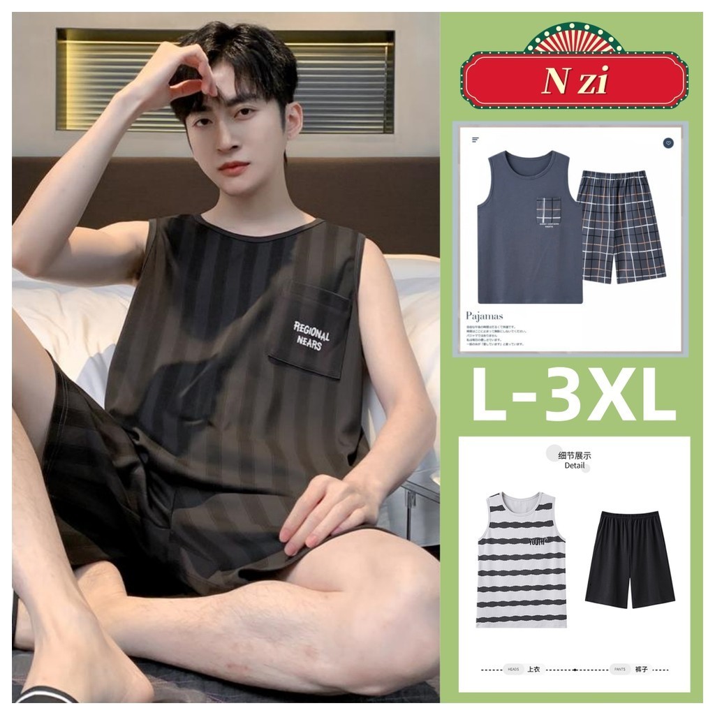 ชุดนอนผ้าฝ้าย 100% แขนกุด ลายทาง สไตล์เกาหลี เรียบง่าย เหมาะกับฤดูร้อน สําหรับผู้ชาย ไซซ์ L-3XL