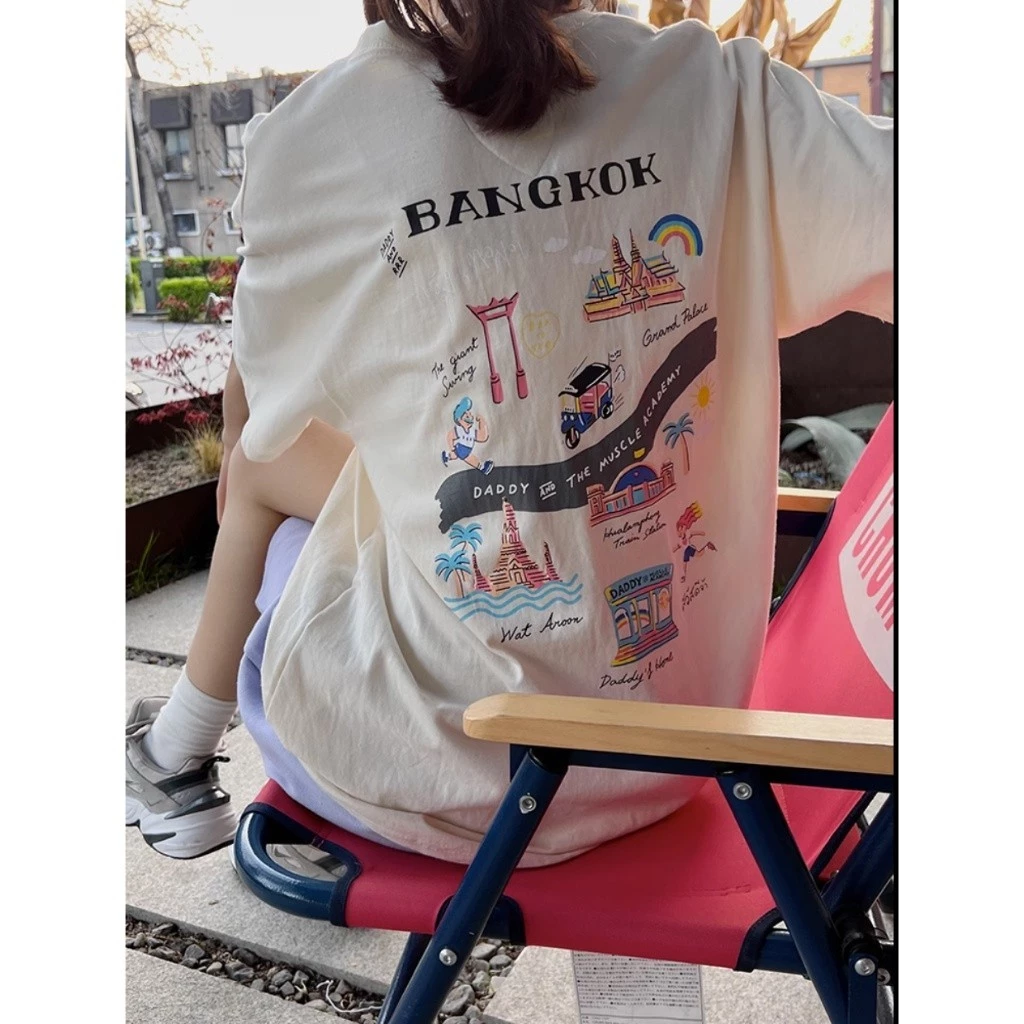 (จัดส่งตลอด 24 ชั่วโมง）Angle Official เสื้อยืดผู้หญิง Oversize เสื้อแขนสั้น สไตล์เกาหลี เที่ยวไทย ซัมเม T101