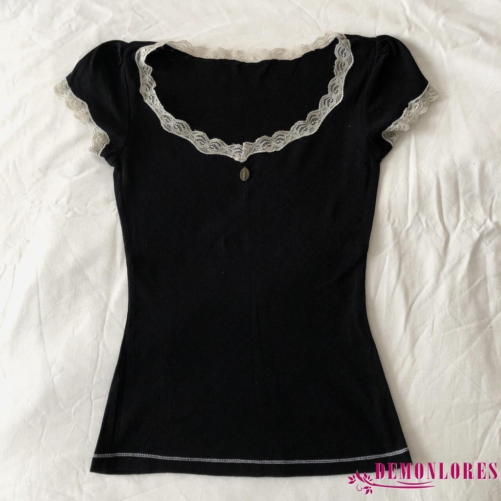Demonlores-ผู้หญิงเสื้อยืดลูกไม้y2k Retroฤดูร้อนแขนสั้นรอบคอSlim Fit Tops